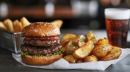 Crispy potato wedges served with a juicy burger and refreshing soda in a vibrant diner atmosphere