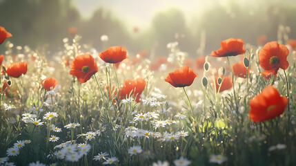 Obraz premium Crimson Poppies in Sunlight: A field of vibrant red poppies and delicate daisies flourishes under the soft, warm glow of the sun, evoking a sense of natural beauty and tranquility.