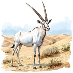 Arabian Oryx in Desert Habitat A Detailed Illustration of a Majestic Antelope.