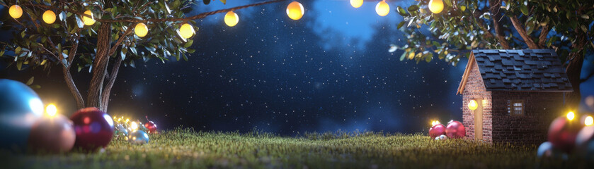 cozy winter scene featuring small house surrounded by colorful ornaments and glowing lights, creating magical atmosphere