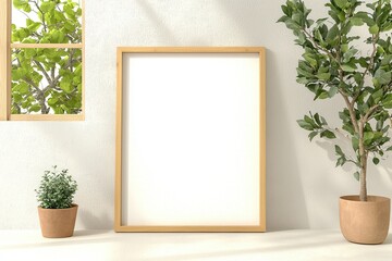 Mockup of wooden frame canvas in artist studio concept. A minimalist interior featuring a blank frame, potted plants, and a window with greenery, creating a serene and natural atmosphere