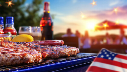 Grilling steaks outdoors during summer sunset, with drinks and condiments nearby, creates festive atmosphere for gatherings