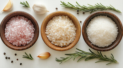 Plakat Salt and rosemary in wooden bowls on white background, top view