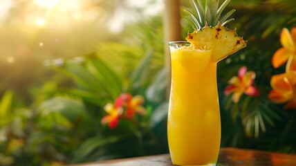  A chilled glass of pineapple juice with a pineapple slice garnish, set against a backdrop of lush greenery and tropical flowers. 
