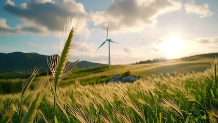 A scenic landscape featuring a wind turbine, golden grass, and a sunset behind rolling hills, evoking a serene rural atmosphere. Concept Scenic Landscape, Wind Turbine, Golden Grass, Sunset Horizon