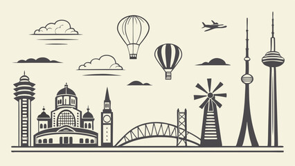 AI Generated vector illustration of global cityscape featured cathedral, clock tower, bridge, windmill, hot air balloons, airplane, modern towers ideal for travel, architecture, editorial design theme