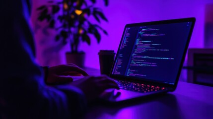 Programmer Typing Code on Laptop with Neon Lighting in Dark Room
