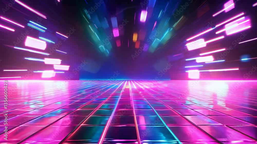 Poster vibrant retro video concept with neon lights and a grid floor. low camera angle enhances the 80s syn