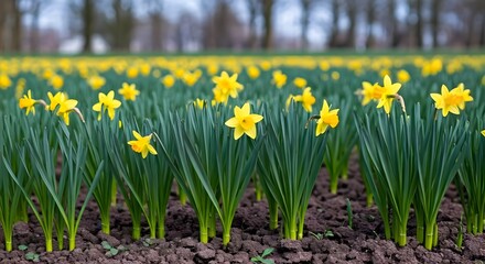 Fototapeta premium A field of daffodils sprouting from deep brown soil, surrounded by a peaceful countryside setting, Ai Generated