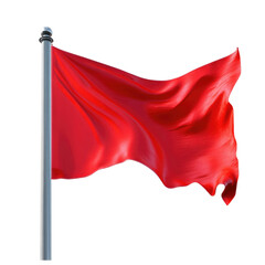 Red flag waving in the wind on a silver pole isolated on transparent background, cutout png