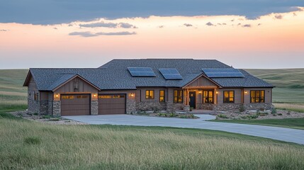 Obraz premium Modern Eco-Friendly House with Solar Panels at Sunset in Nature