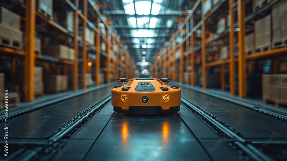 Poster an advanced robotic vehicle moves along a designated pathway in a spacious logistics warehouse, assi