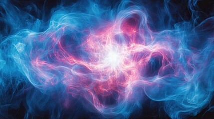 Fototapeta premium Abstract blue and pink light streaks merge into a bright white center against a dark background. 