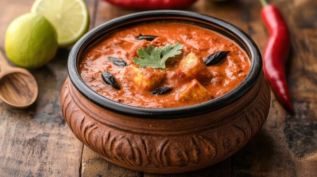 Authentic paneer butter masala in a clay pot with lime and chili on a wooden table top view indian cuisine creamy delicious traditional