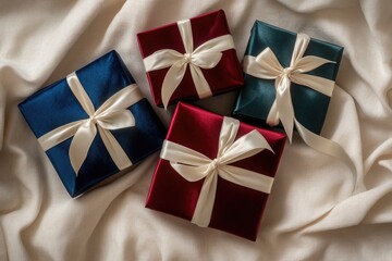 Four elegantly wrapped gifts in red, blue, and green, adorned with cream ribbons, rest on a beige fabric.