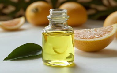 Citrus Essential Oil in Glass Bottle with Fresh Oranges