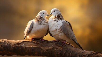 A close-up of two affectionate doves sharing a perch
