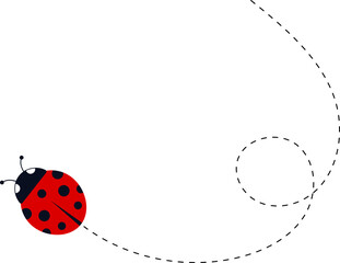 Cartoon ladybug icon set. Ladybugs flying on dotted route. Cute ladybug characters collection. Ladybug with dotted path. Ladybugs flying on dotted route. Vector illustration isolated on white.