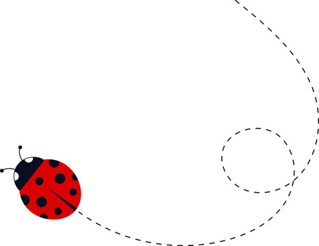 Cartoon ladybug icon set. Ladybugs flying on dotted route. Cute ladybug characters collection. Ladybug with dotted path. Ladybugs flying on dotted route. Vector illustration isolated on white.