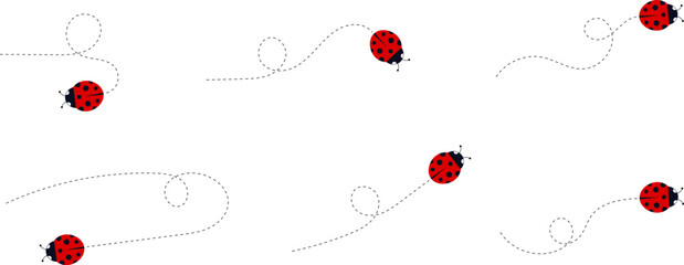 Cartoon ladybug icon set. Ladybugs flying on dotted route. Cute ladybug characters collection. Ladybug with dotted path. Ladybugs flying on dotted route. Vector illustration isolated on white.
