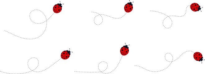 Cartoon ladybug icon set. Ladybugs flying on dotted route. Cute ladybug characters collection. Ladybug with dotted path. Ladybugs flying on dotted route. Vector illustration isolated on white.