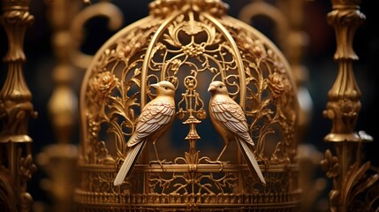 Fototapeta premium A close-up view of a decorative birdcage housing a pair of lovebirds,