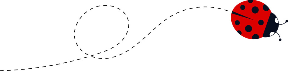 Cartoon ladybug icon set. Ladybugs flying on dotted route. Cute ladybug characters collection. Ladybug with dotted path. Ladybugs flying on dotted route. Vector illustration isolated on white.