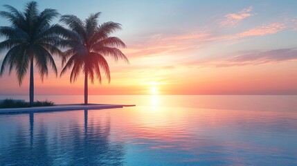 Tranquil Poolside Oasis Surrounded by Lush Palm Trees Under a Vibrant Sunset Sky Evoking Relaxation