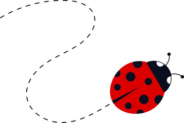 Cartoon ladybug icon set. Ladybugs flying on dotted route. Cute ladybug characters collection. Ladybug with dotted path. Ladybugs flying on dotted route. Vector illustration isolated on white.
