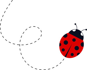 Cartoon ladybug icon set. Ladybugs flying on dotted route. Cute ladybug characters collection. Ladybug with dotted path. Ladybugs flying on dotted route. Vector illustration isolated on white.