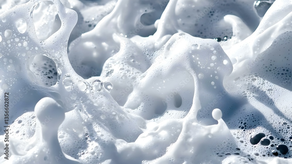 Poster close-up of white foam with bubbles, creating an abstract, textured appearance reminiscent of waves 