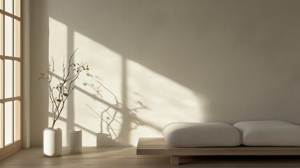 Modern living room with a large window on the left side. the window has a wooden frame and is letting in natural light.