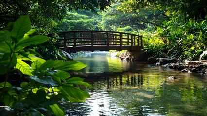 A serene natural scene featuring a wooden bridge over a calm stream surrounded by lush greenery and reflections on the water. Concept Wooden Bridge, Calm Stream, Lush Greenery, Serene Nature