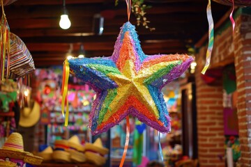 Colorful Star-Shaped Pi&ntilde;ata with Ribbons Hanging in Mexican Cultural Scene with Sombreros and Streamers, Selective focus