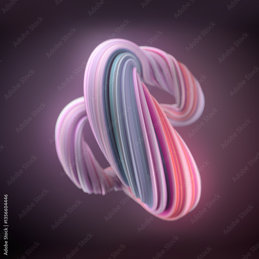 Poster Illustration of a three-dimensional shape composed of interlacing ribbons with a colorful texture. Gradients of pink, purple and mint create a soft glow. 3d rendering