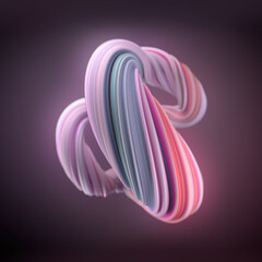 Illustration of a three-dimensional shape composed of interlacing ribbons with a colorful texture. Gradients of pink, purple and mint create a soft glow. 3d rendering