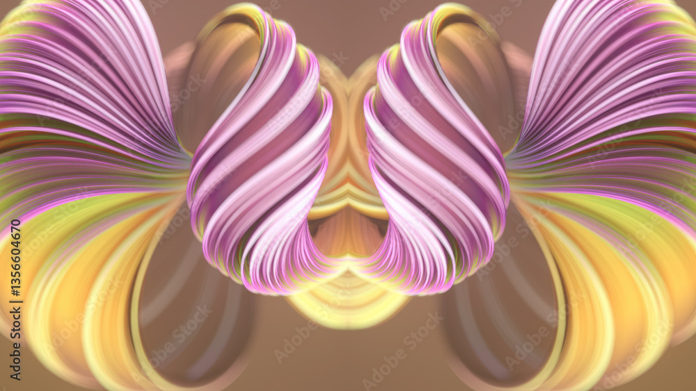 Poster Digital illustration with soft curves and symmetrical twisted texture. Yellows and pinks add a sense of fluidity and lightness. The composition is harmonious. 3d rendering