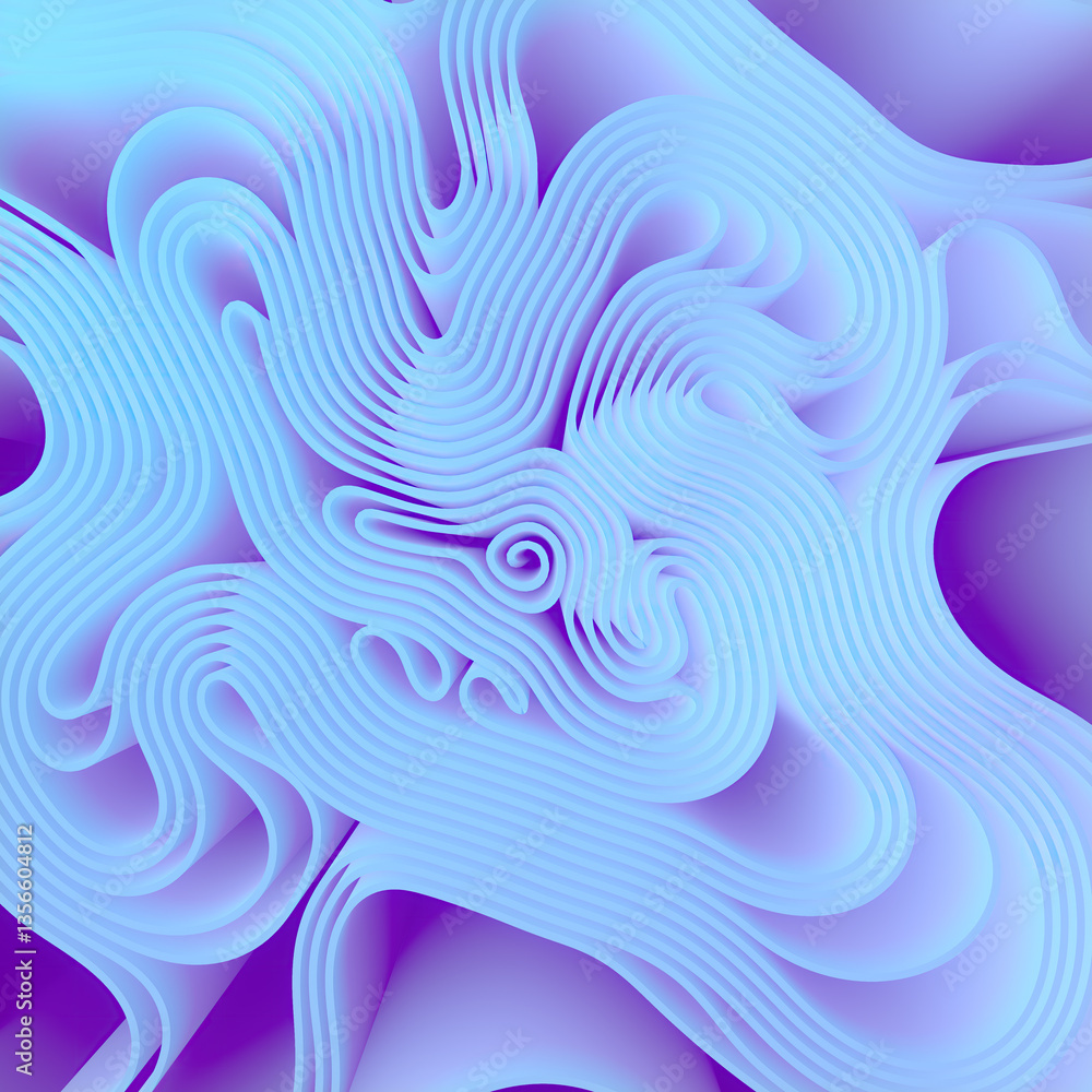 Poster Abstract digital illustration with a wavy pattern reminiscent of the smooth curves of fabric. The color palette includes soft gradients of blue and purple, creating an effect of depth. 3d rendering