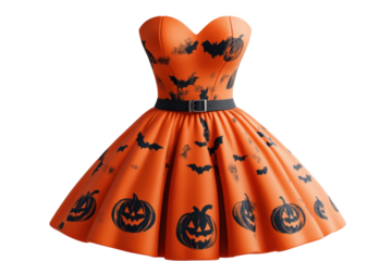 A Whimsical Halloween Party Dress, Vibrant Orange With Playful Jack-o-lanterns And Bats, Perfect For A Spooky Celebration Against A Clean Isolated on Transparent Background