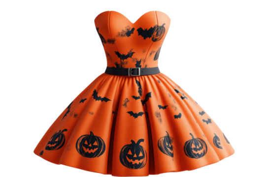 A Whimsical Halloween Party Dress, Vibrant Orange With Playful Jack-o-lanterns And Bats, Perfect For A Spooky Celebration Against A Clean Isolated on Transparent Background