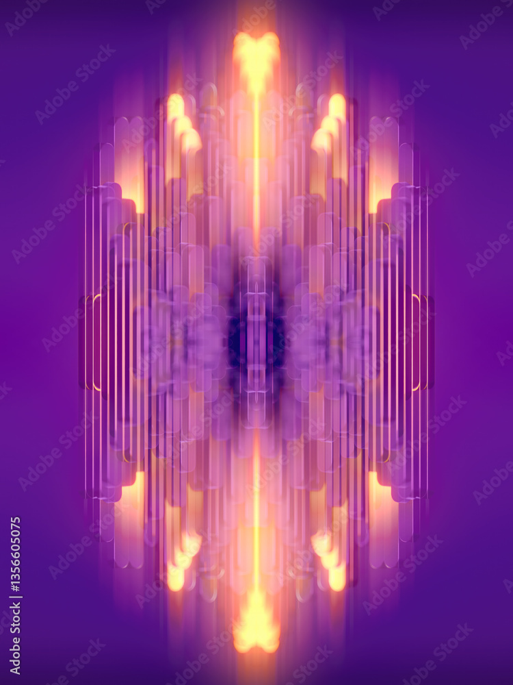 Poster a symmetrical composition of vertical columns painted in shades of orange and purple. 3d rendering d
