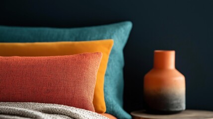 Close-up of a bed with two pillows on it. the pillows are in different colors - one is orange and the other is teal.