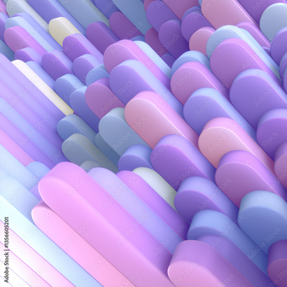 Poster Abstract digital illustration of a series of rounded vertical columns in bright pastel colors. Composition evokes elements of futuristic architecture. 3d rendering