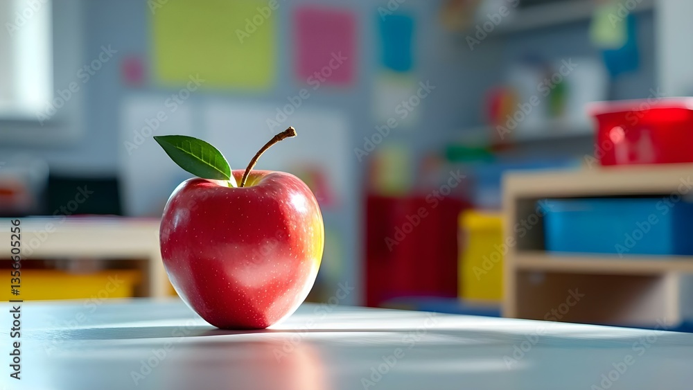 Poster a shiny red apple with a green leaf sits on a table in a classroom setting with colorful backgrounds