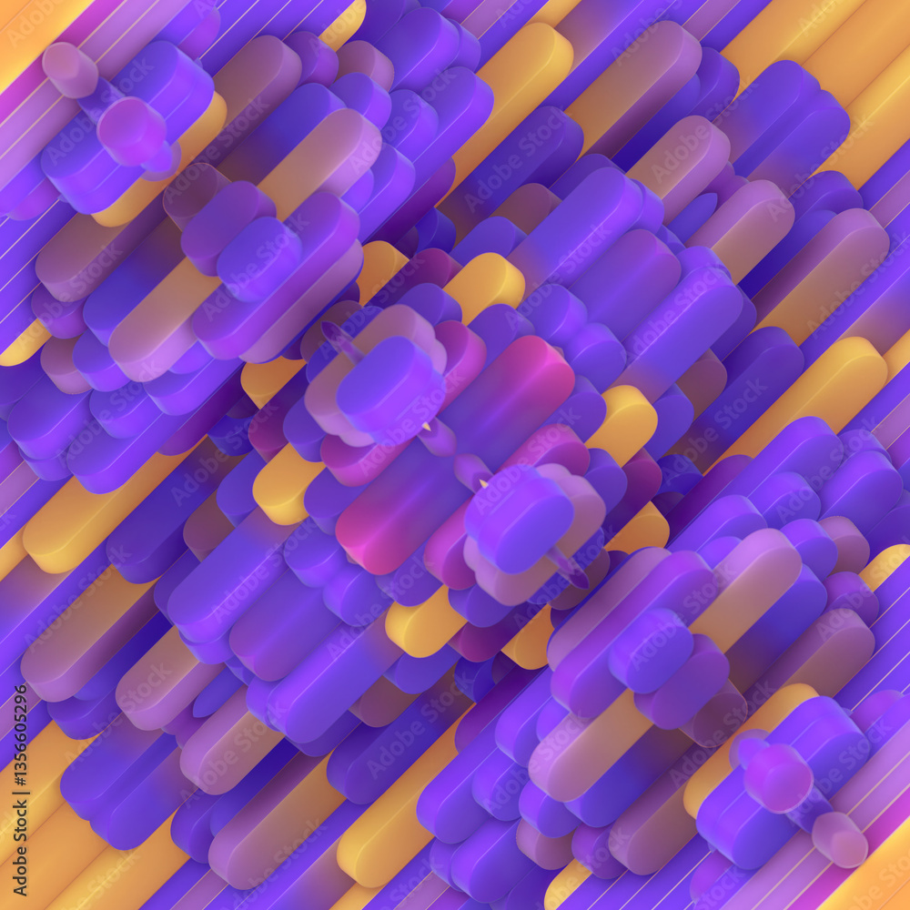 Poster Digital scene with symmetrical construction of rounded geometric elements. Smooth gradients and soft light emphasize the futuristic aesthetic of the image. 3d rendering