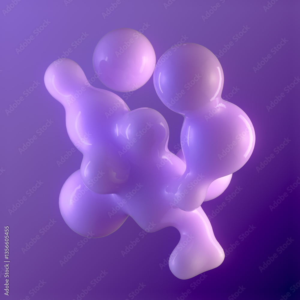 Poster Illustration of floating drops of liquid. Their rounded shapes are gently distorted as if they were in a state of fluidity. Background with a gradient from light purple to rich magenta. 3d rendering