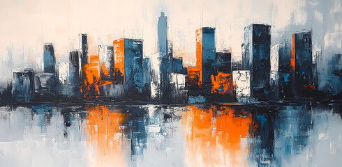 Vibrant Cityscape: The image captures a dynamic cityscape reflected in water, featuring tall buildings with a striking contrast of orange and blue hues. 