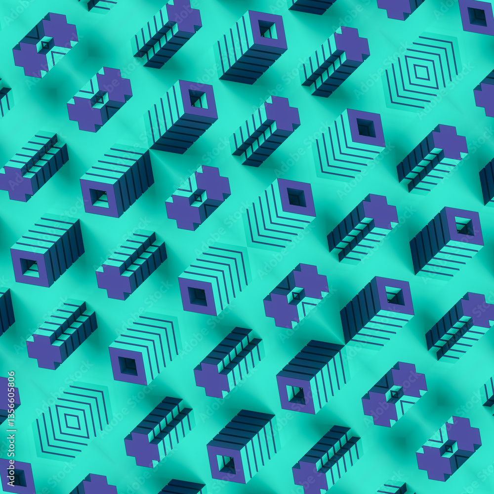 Aufkleber A rhythmic symmetrical structure of alternating crosses and hollow squares rising in vertical order. Minimalism is expressed through geometric shapes and a palette of purples and blues. 3d rendering