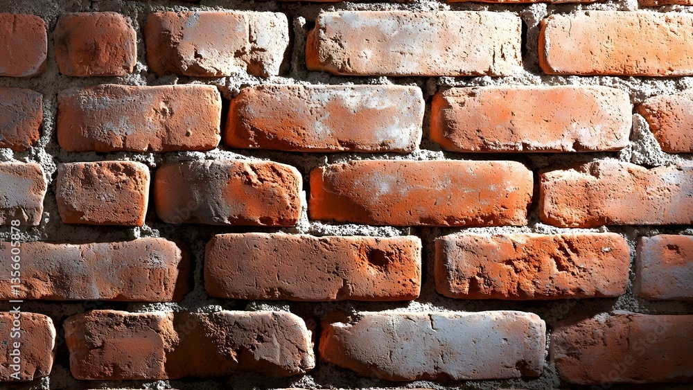 Poster a close-up view of a textured brick wall featuring red bricks with some mortar visible between them.