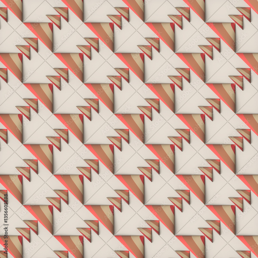 Fototapete Pattern of striped cones on beige squares. The change in shape and color creates illusion and rhythm while maintaining a modern graphic style. 3d rendering digital illustration